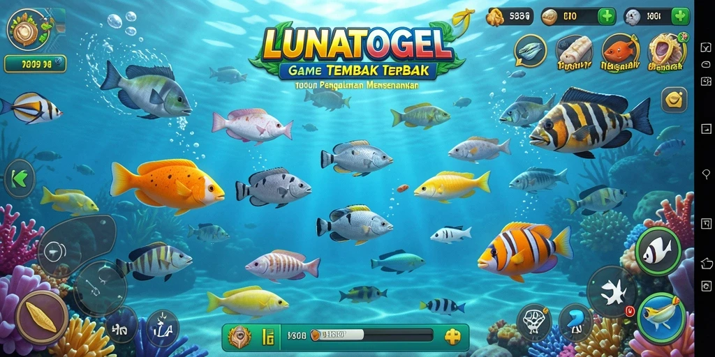 Tampilan gameplay seru di LUNATOGEL dengan aksi menembak ikan.