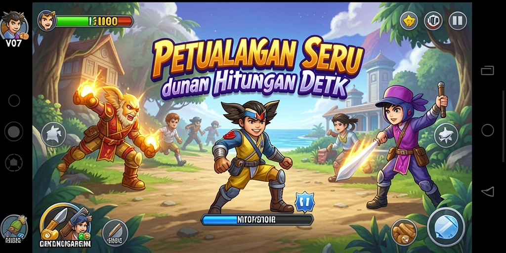Tangkapan layar V07 menampilkan aksi gameplay Arcade yang seru dan penuh warna.